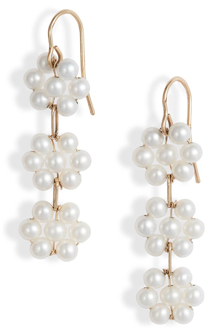 Triple Pearl Flower Drop Earrings, Main, color, YELLOW GOLD/ PEARL