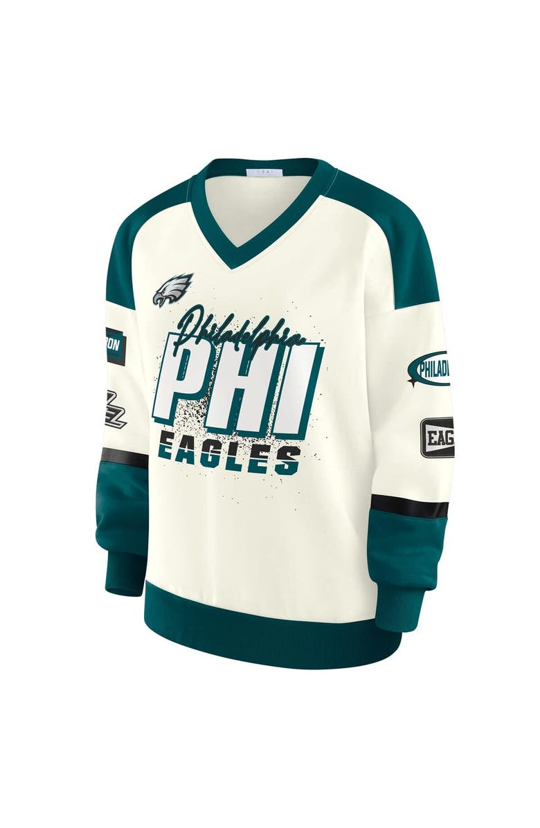 WEAR by Erin Andrews Women's WEAR by Erin Andrews  Cream Philadelphia Eagles Racing Crew V-Neck Sweatshirt, Alternate, color, Cream