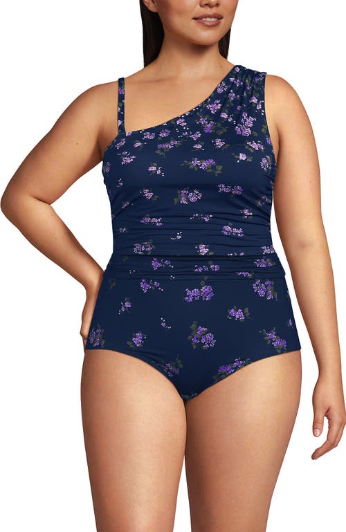 Lands' End Ruched One Shoulder Midkini Swimsuit Top In Navy Bouquet Cascade Floral