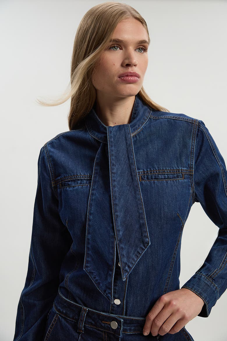 Denim Pussybow Blouse, Main, color, Mid Blue