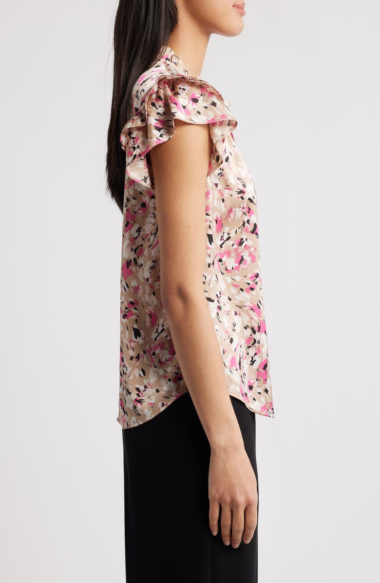 Anne Klein Floral Ruffle Sleeve Tie Neck Top, Alternate, color, 