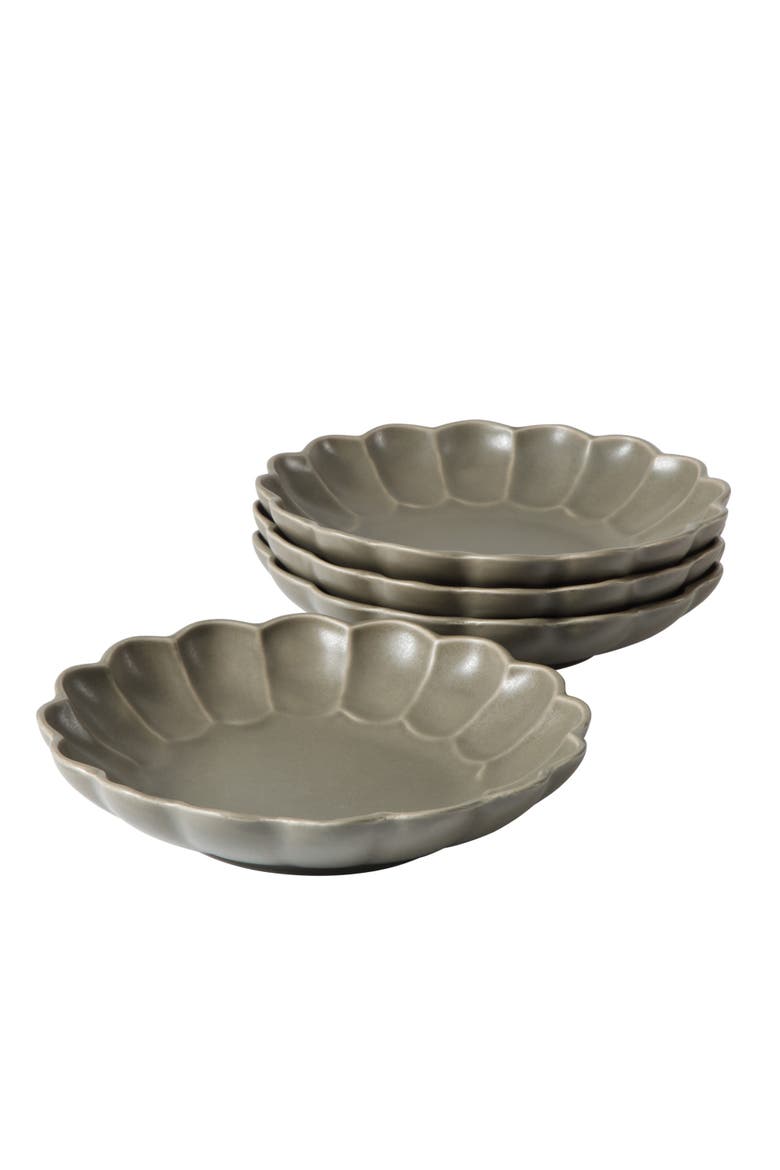 Yuelu Bloom 4 Piece Dinner Bowl Set, 9-inch Embossed Scallop Stoneware Bowls, Reactive Glaze, Large Soup, Pasta & Salad Bowls, Main, color, Olive Stone