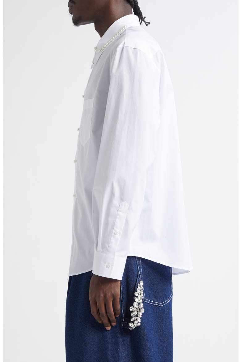 Faux Pearl Detail Classic Fit Cotton Button-Up Shirt, Alternate, color, WHITE/ PEARL