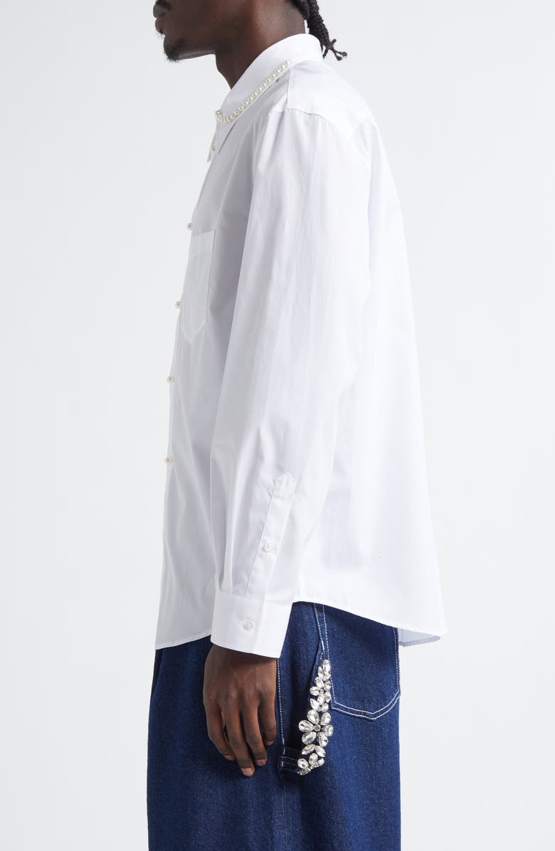Simone Rocha Faux Pearl Detail Classic Fit Cotton Button-Up Shirt, Alternate, color, 