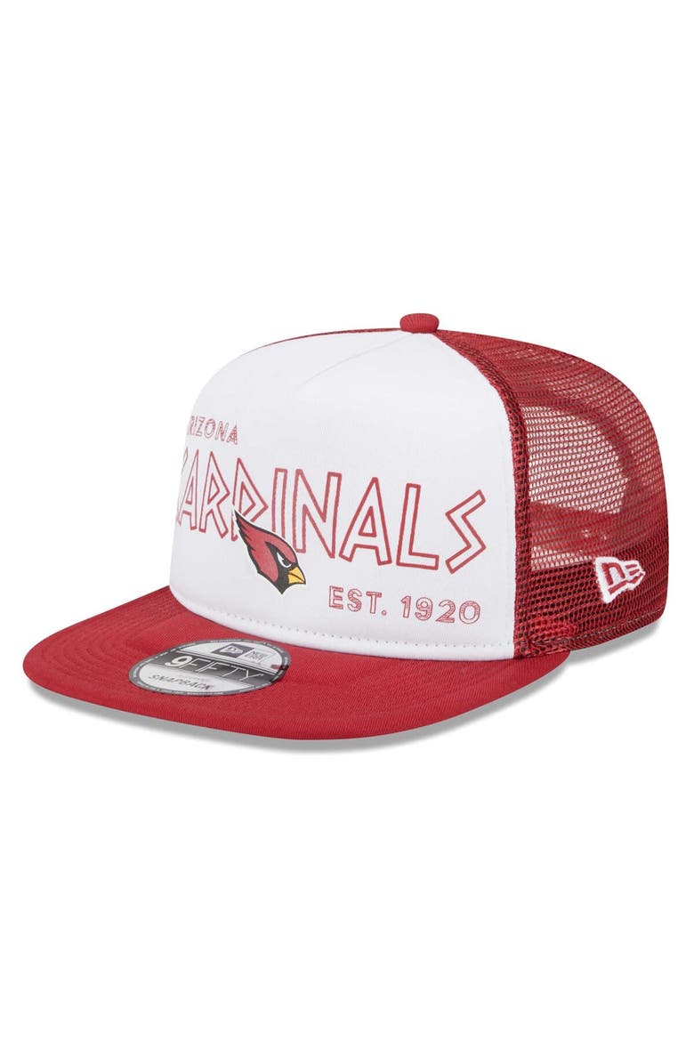 Men's New Era White/Cardinal Arizona Cardinals Banger 9FIFTY Trucker Snapback Hat, Main, color, White