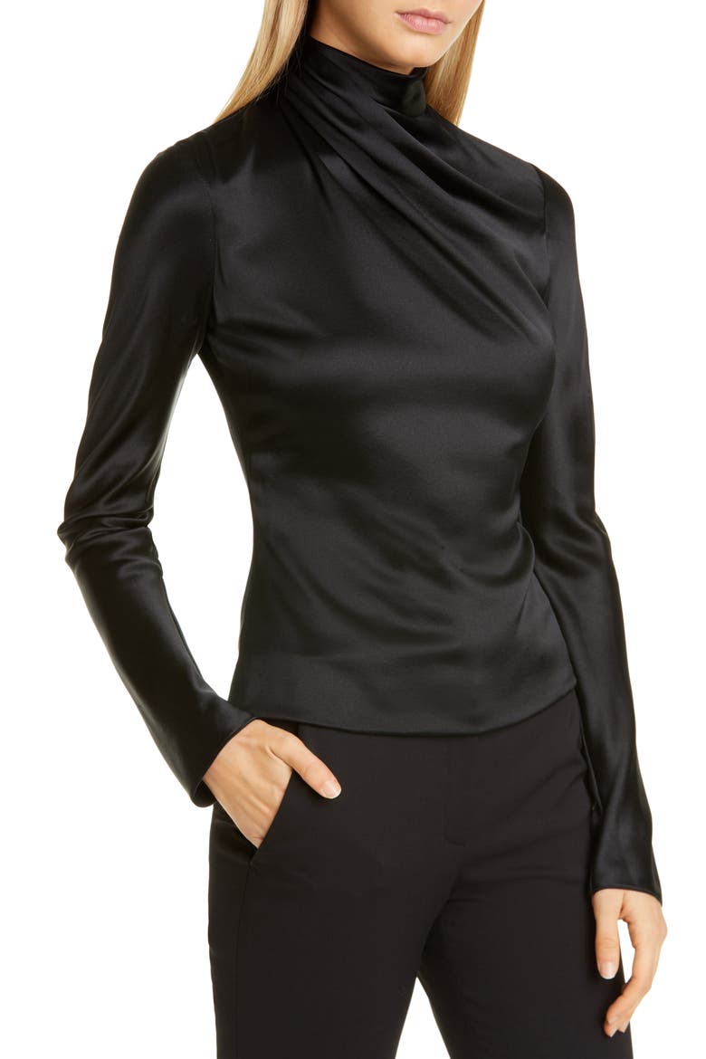 Drape High Neck Long Sleeve Silk Blouse, Main, color, BLACK