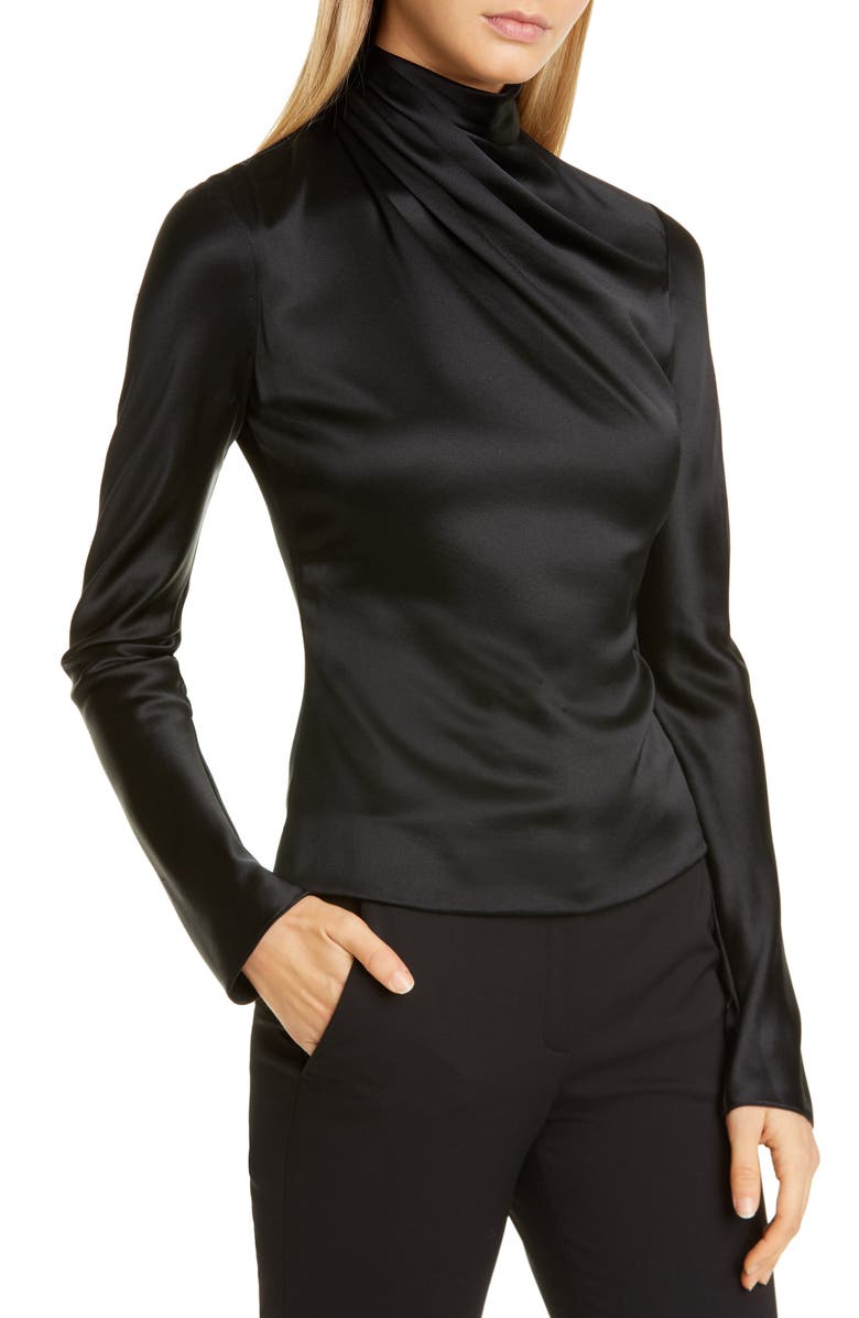 Brandon Maxwell Drape High Neck Long Sleeve Silk Blouse, Main, color, 