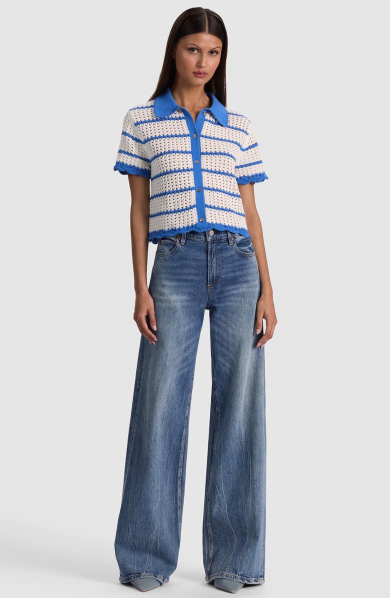 Alice + Olivia Randall Open Stitch Cotton Blend Cardigan, Alternate, color, Blue Iris/ White