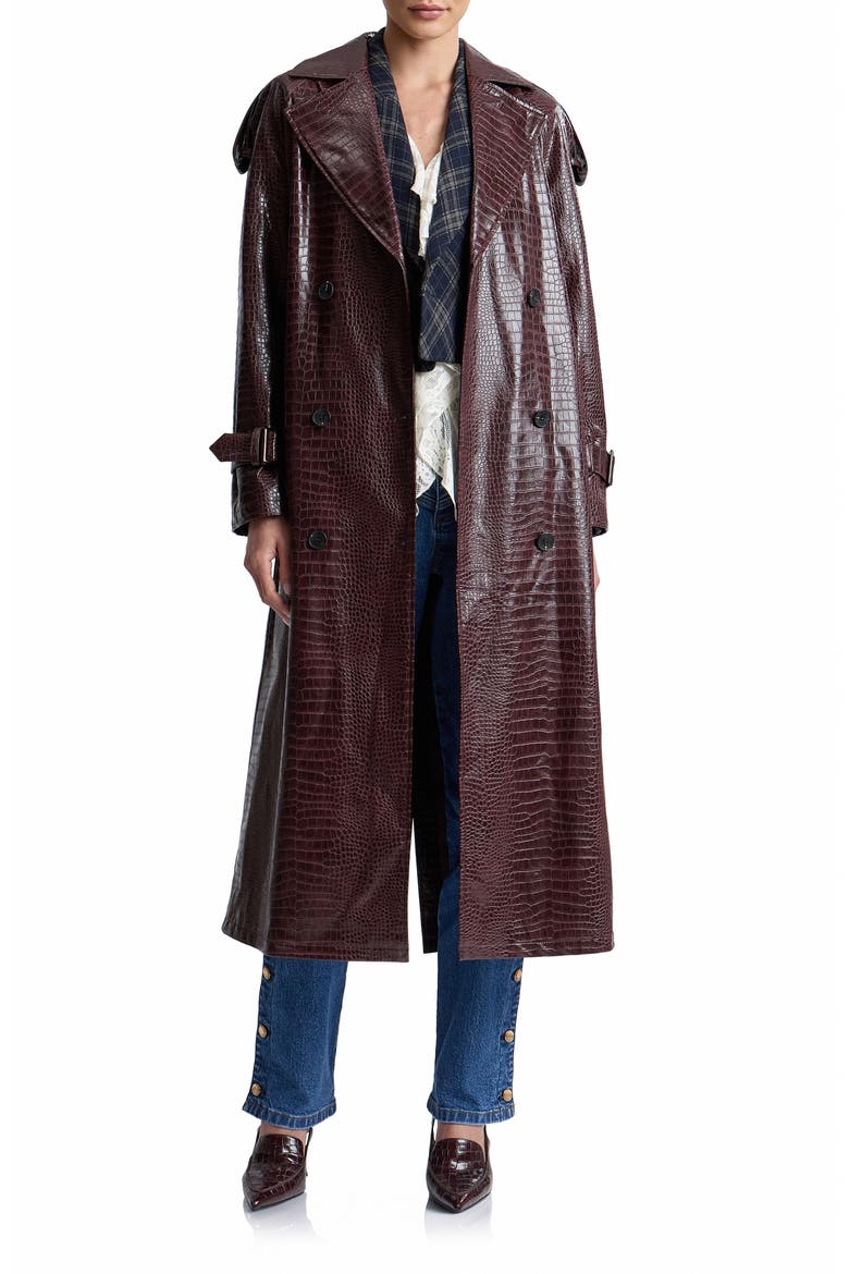 Croc Embossed Faux Leather Maxi Trench Coat, Alternate, color, DARK RED