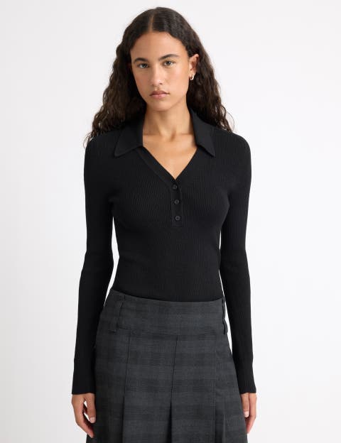 Rib V-Neck Long Sleeve Top