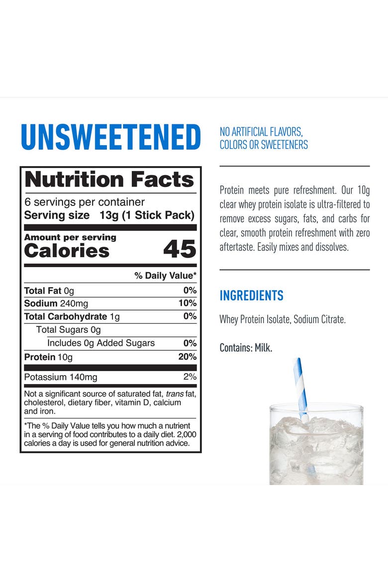 Clear Protein with Electrolytes, Unsweetened Stick Pack, 6 Count, Alternate, color, None