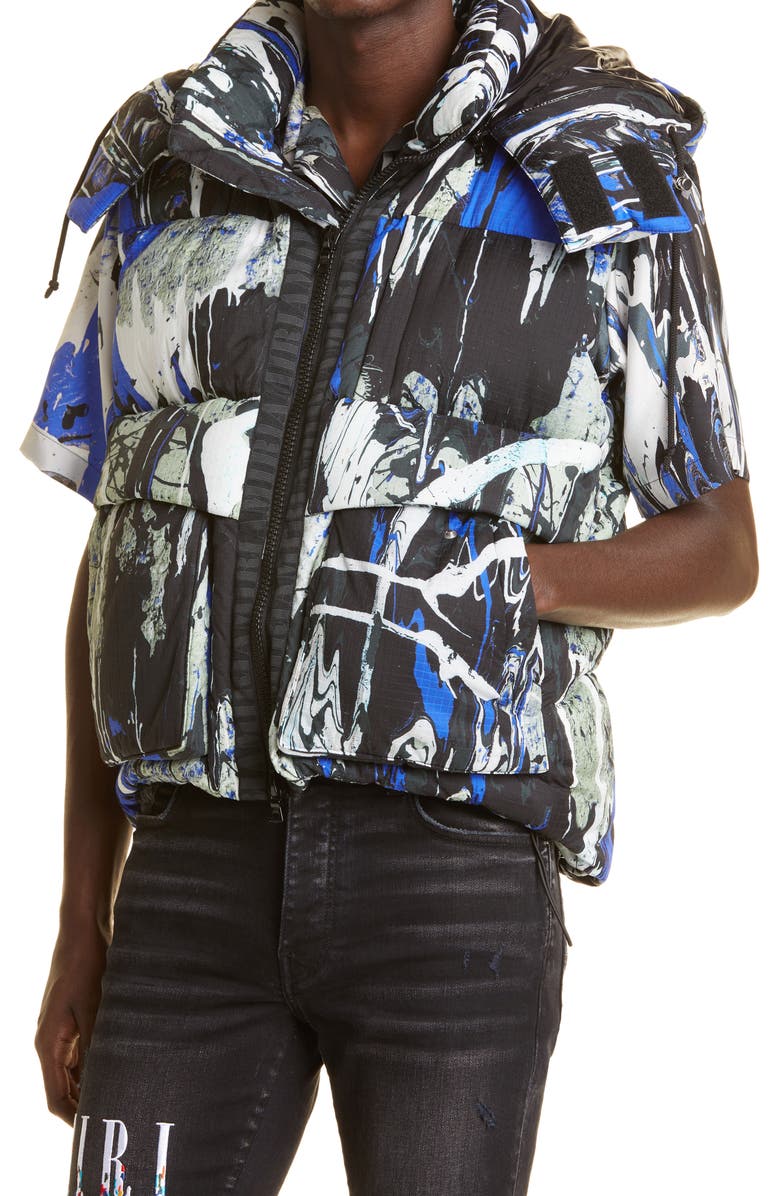 AMIRI Paint Splatter Hooded Down Puffer Vest, Alternate, color, 