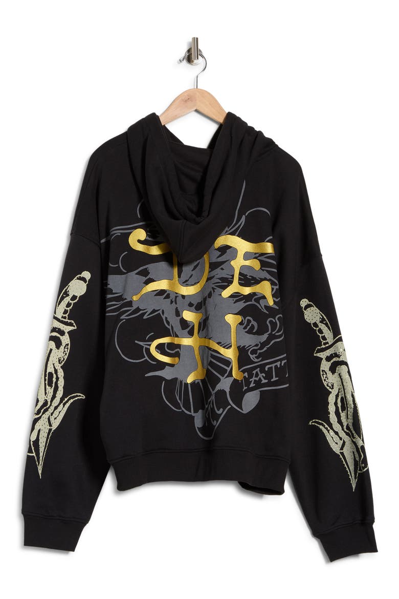 Dragon Skulls Rhinestone Boxy Zip Hoodie, Alternate, color, BLACK