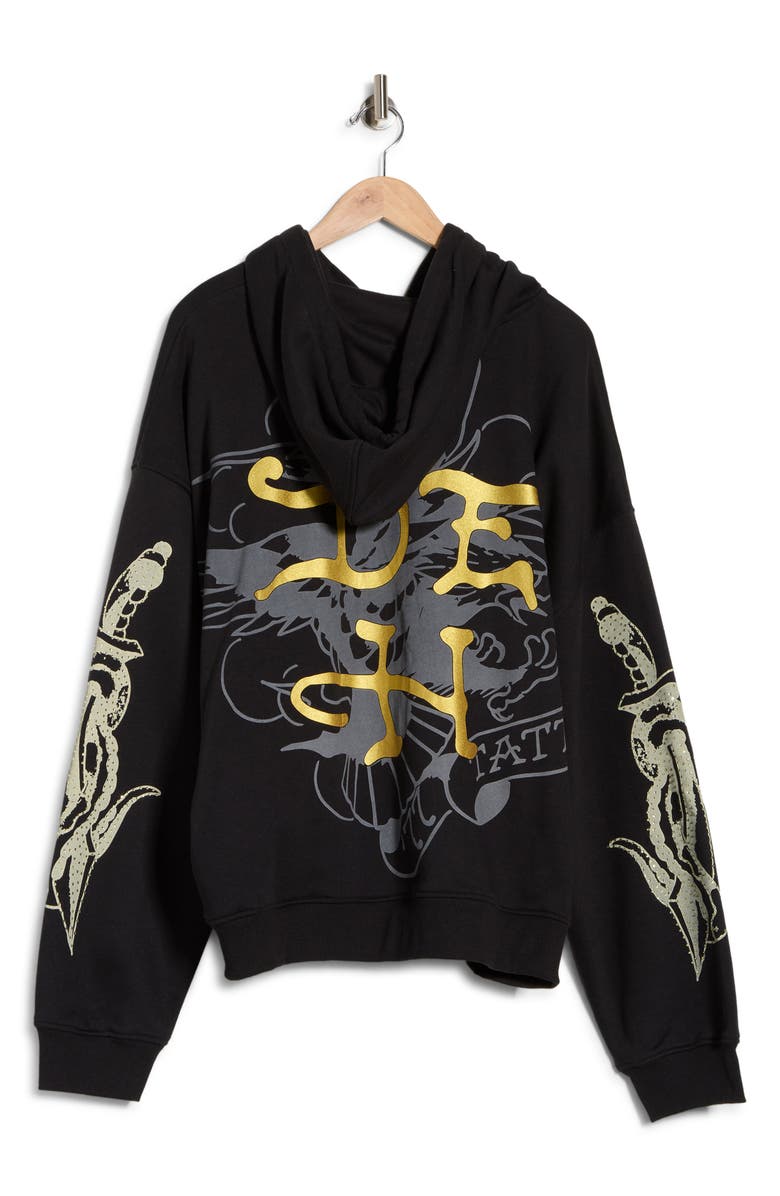 Ed Hardy Dragon Skulls Rhinestone Boxy Zip Hoodie, Alternate, color, Black