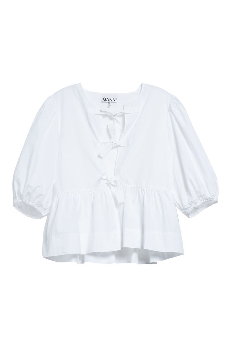 Puff Sleeve Organic Cotton Poplin Peplum Blouse, Alternate, color, BRIGHT WHITE