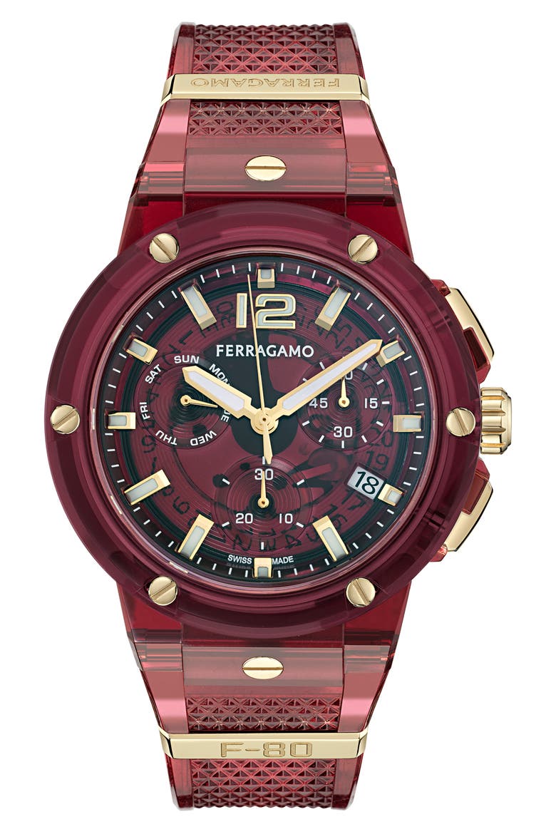 F-80 Translucent Chronograph Recycled Polyurthane Strap Watch, 44mm, Main, color, BURGUNDY