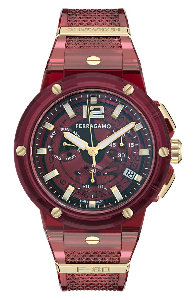 FERRAGAMO F-80 Translucent Chronograph Recycled Polyurthane Strap Watch, 44mm, Main, color, Burgundy