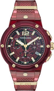 FERRAGAMO F-80 Translucent Chronograph Recycled Polyurthane Strap Watch, 44mm