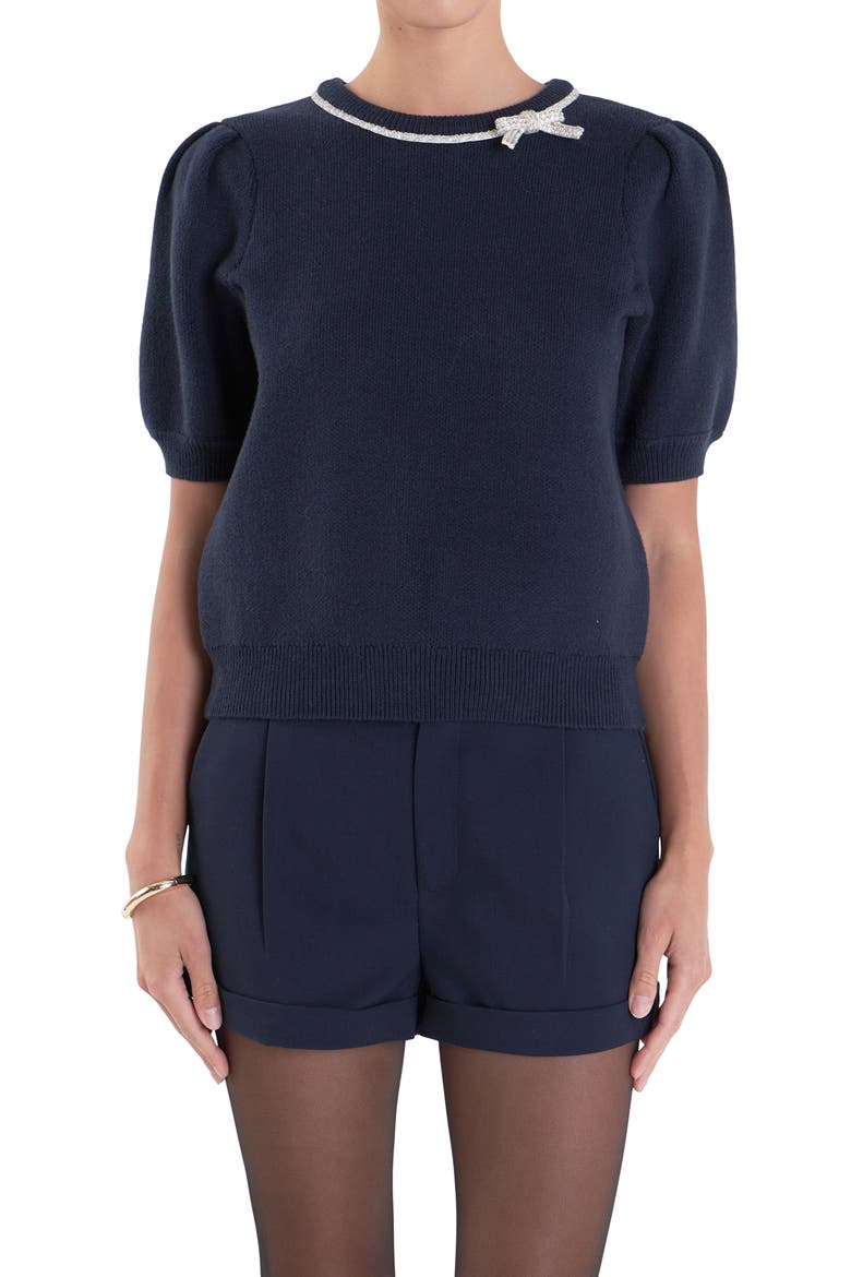 Crystal Embellished Bow Detail Puff Sleeve Sweater, Alternate, color, NAVY