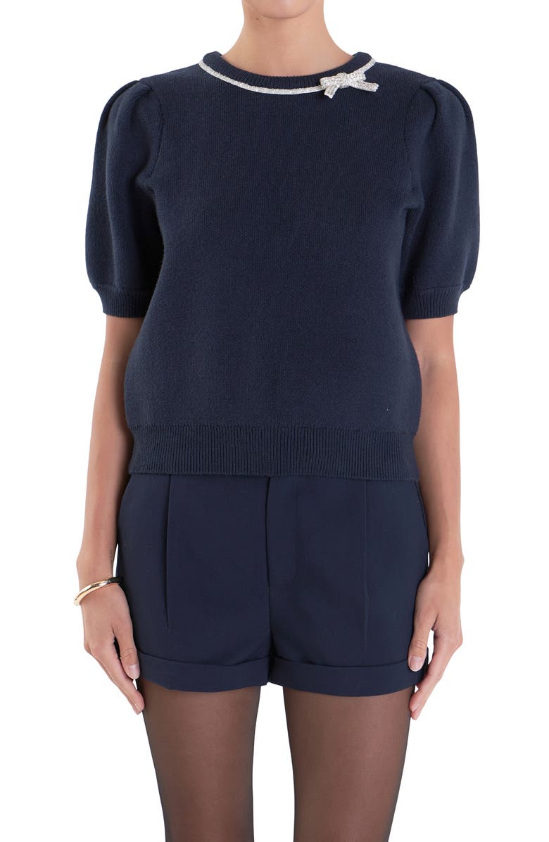 English Factory Crystal Embellished Bow Detail Puff Sleeve Sweater, Alternate, color, Navy
