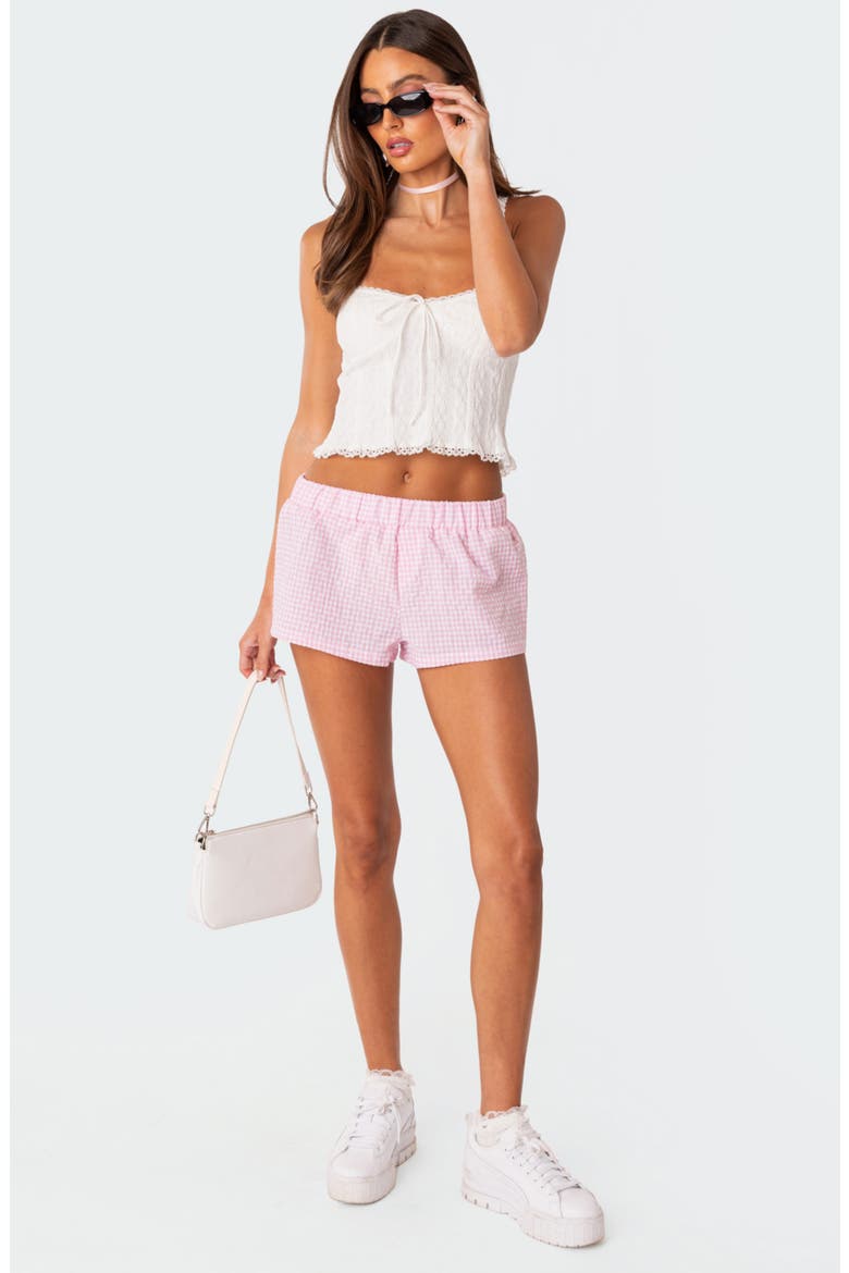 Gingham Elastic Waist Cotton Blend Shorts, Alternate, color, PINK