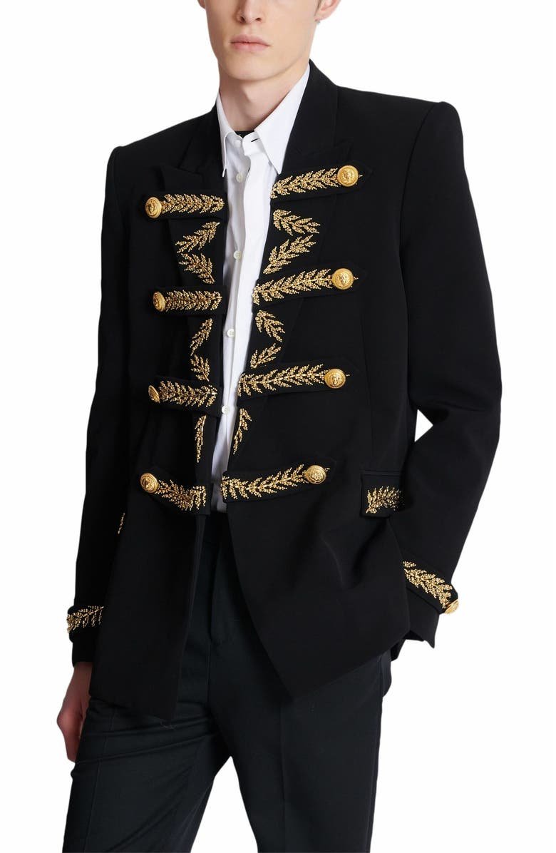 Balmain Embroidered Crepe Jacket, Alternate, color, Black