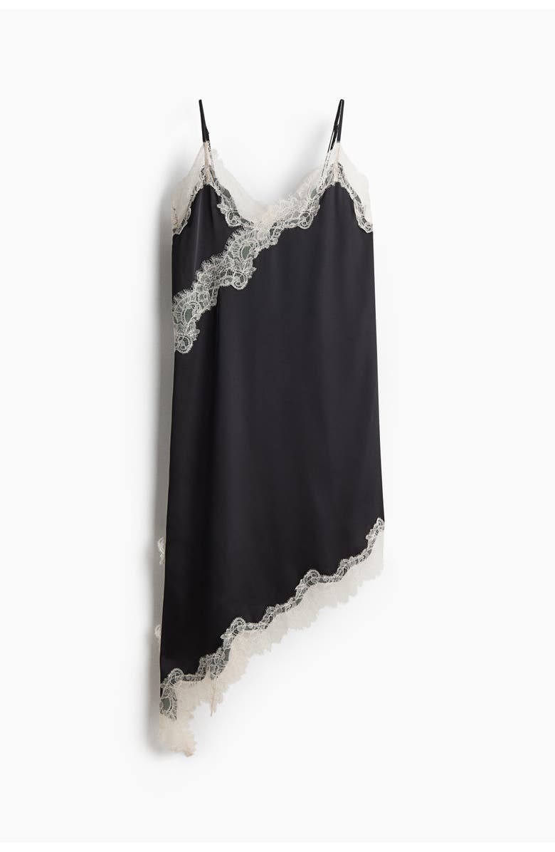 H&M Lace-trimmed Asymmetric Nightslip, Main, color, Black/Cream