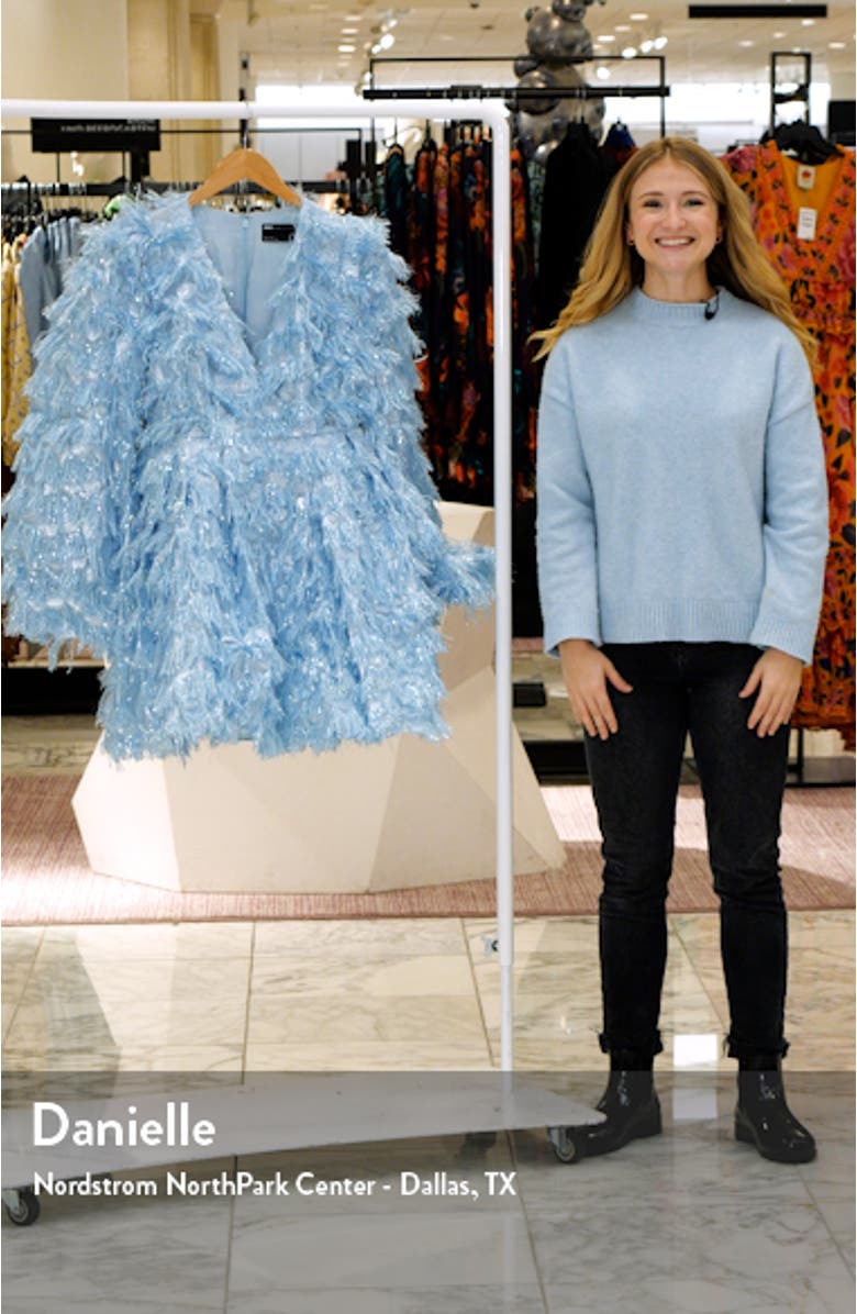 Fringe Jacquard Metallic Long Sleeve Minidress, sales video thumbnail