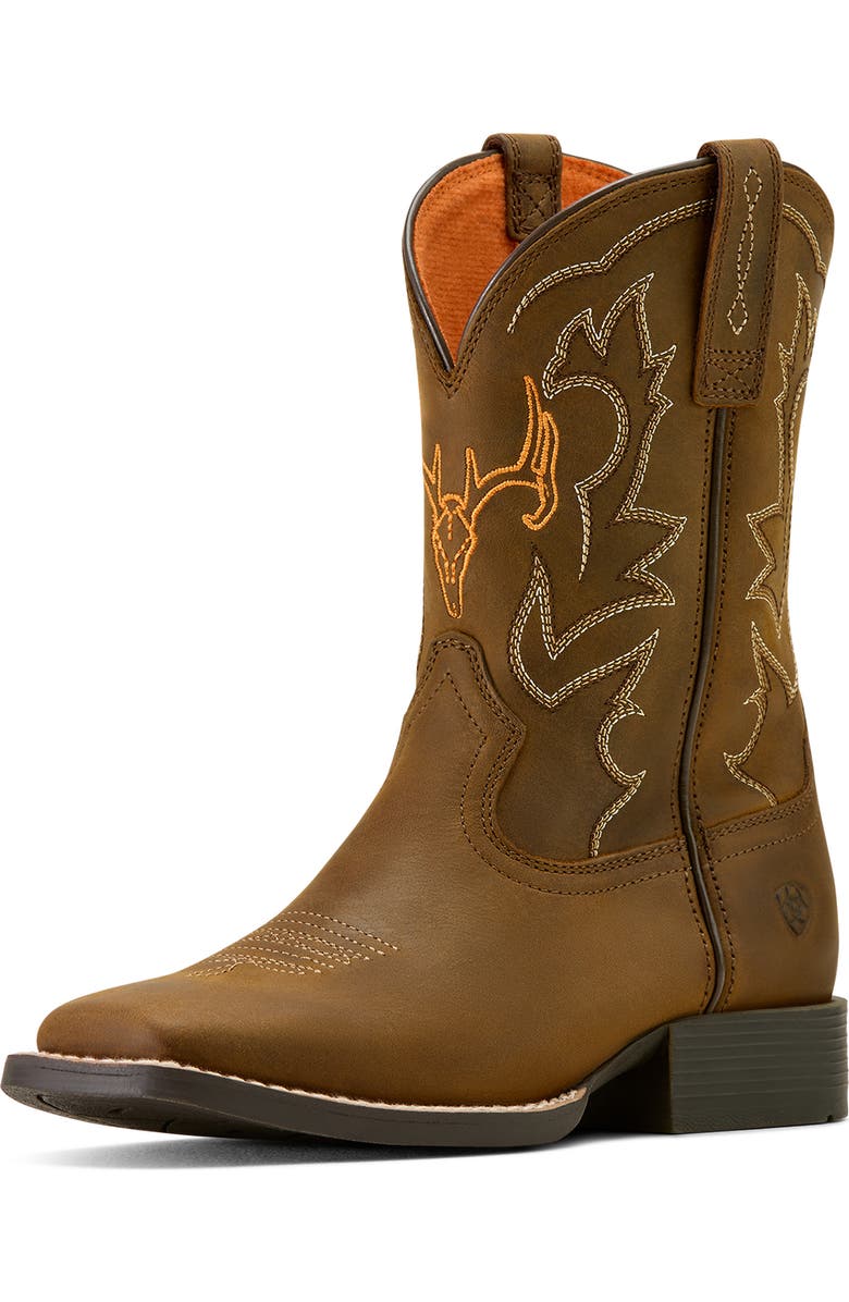 Ariat Kids' Deer Ridge Wide Square Toe Western Boot, Alternate, color, Distressed Brown