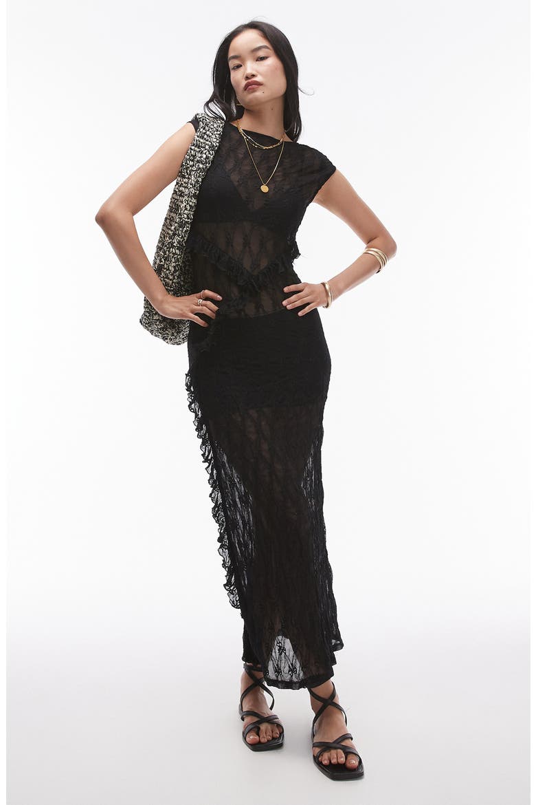 Sheer Lace Maxi Dress, Main, color, BLACK