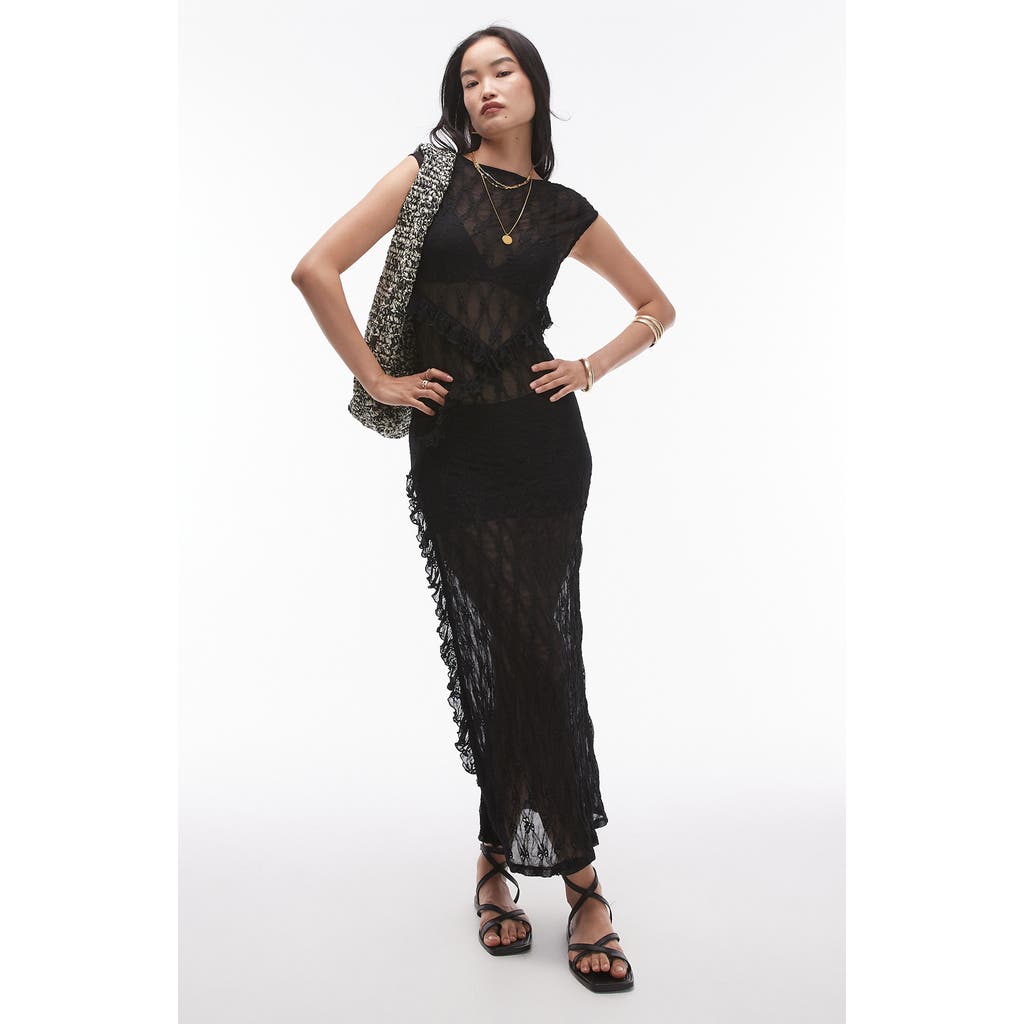 Topshop Sheer Lace Maxi Dress With Scoop Back In Black In Black