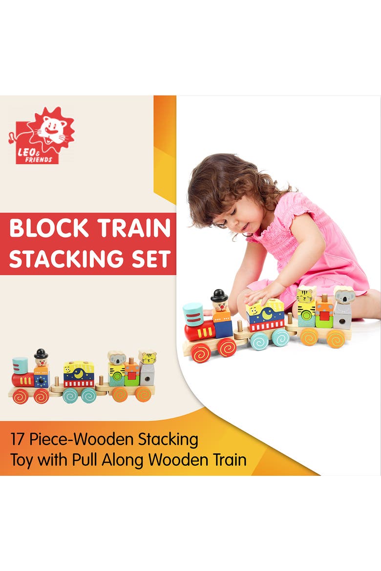 Block Train Stacking Set, 17 Piece-Wooden Stacking Toy with Pull Along Wooden Train, Alternate, color, Yellow