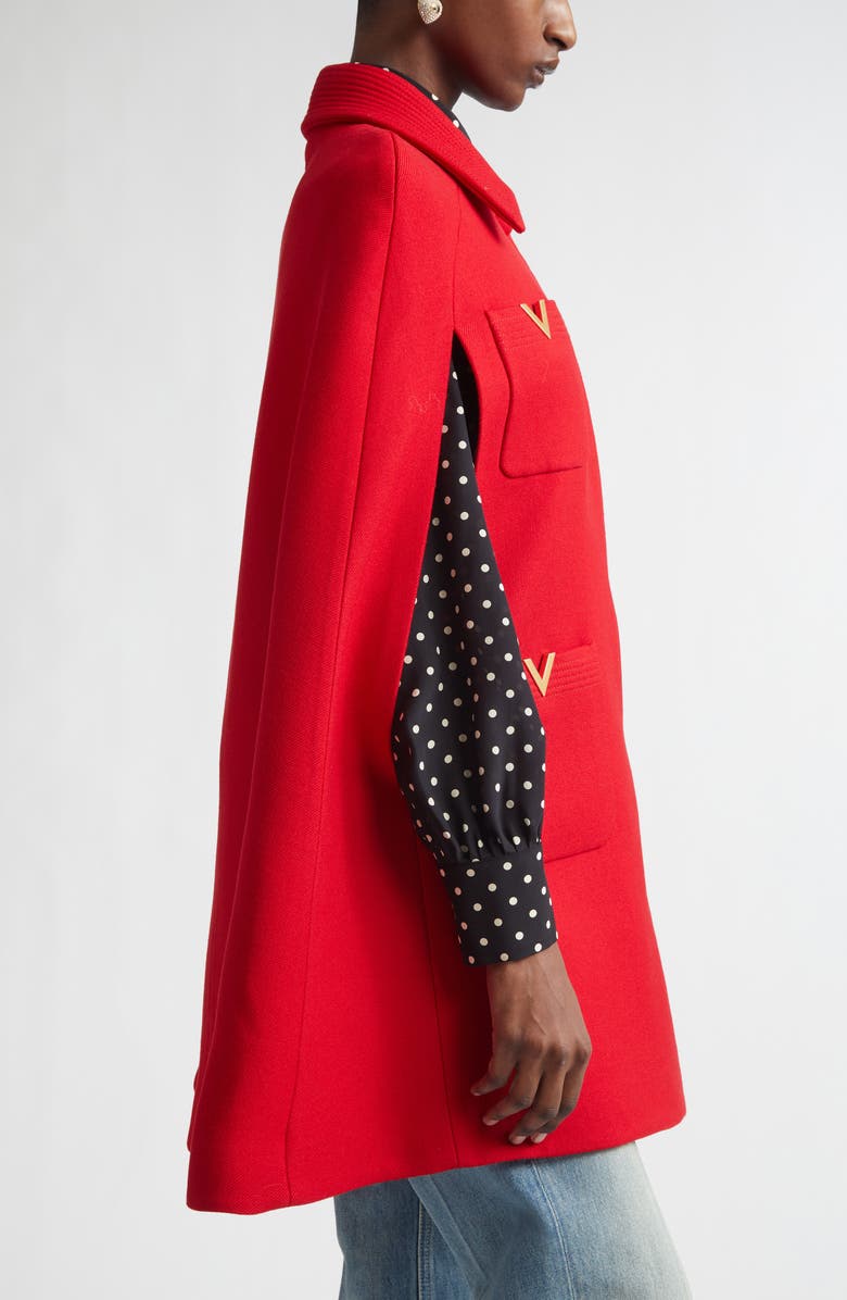 Valentino V-Detail Wool & Silk Double Drill Cape, Alternate, color, Deep Red