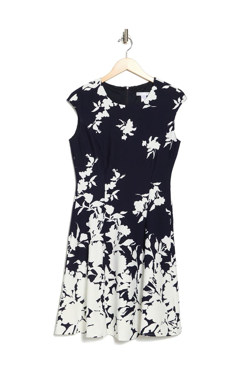 London Times Monotone Floral Print Fit and Flare Dress, Alternate, color, 