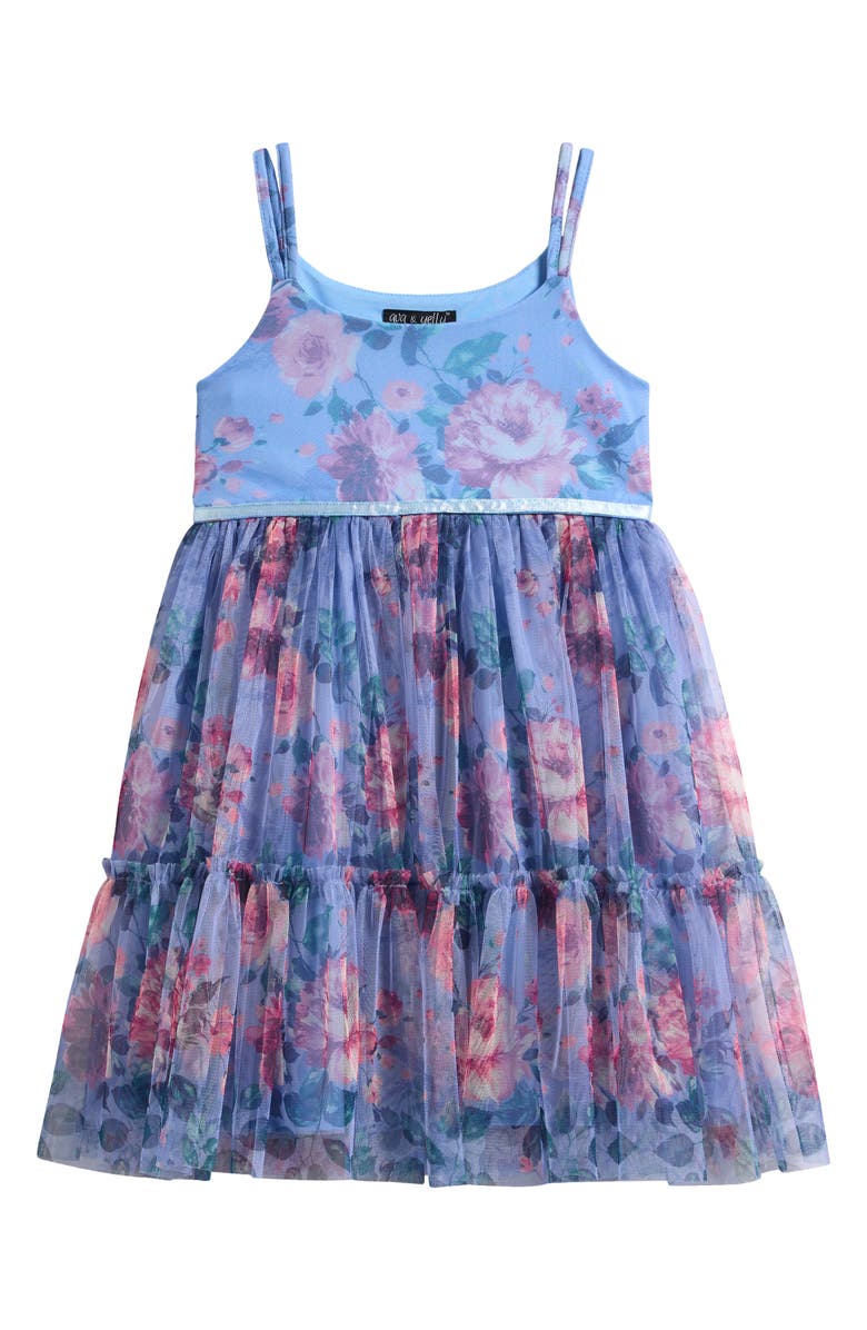 Ava & Yelly Kid's Floral Print Mesh Dress, Main, color, Peri