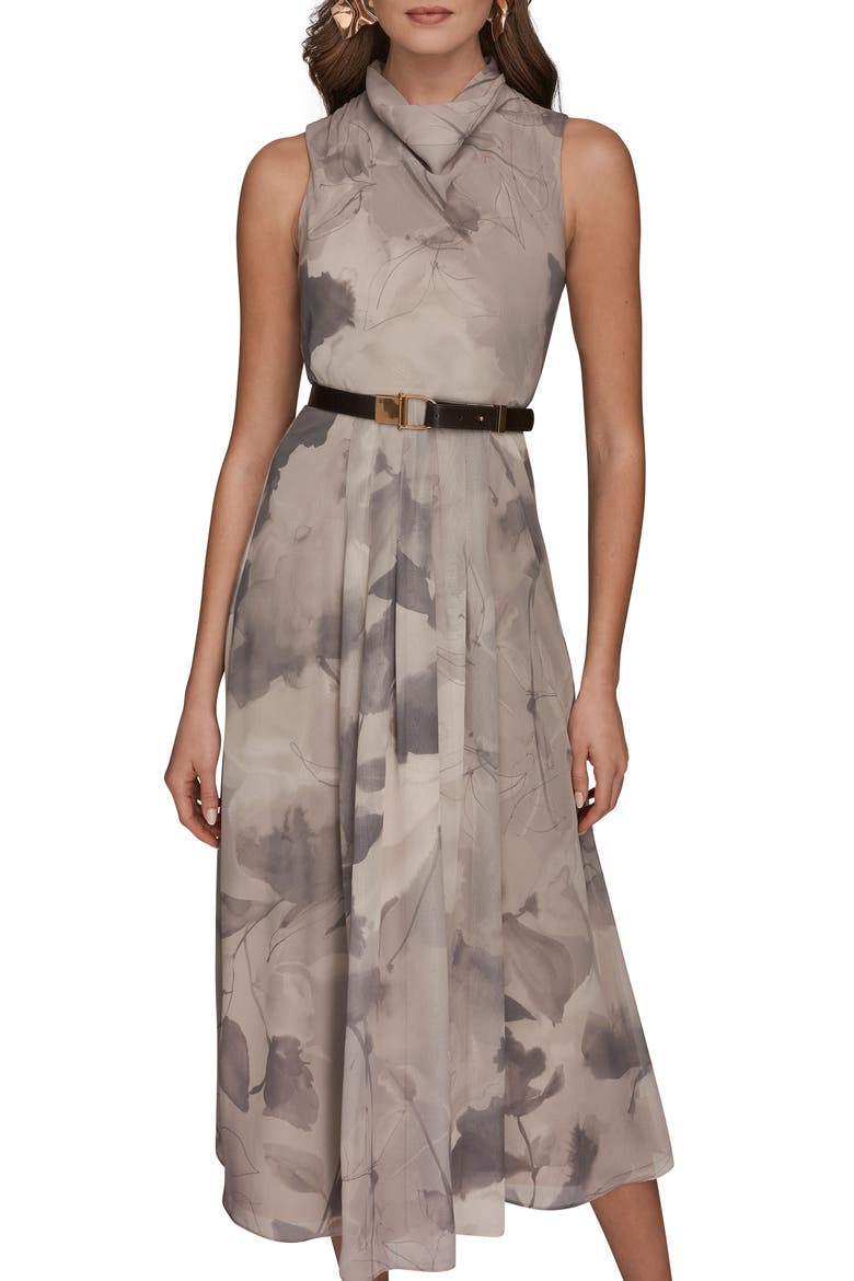 Cowl Neck Belted Fit & Flare Dress, Alternate, color, DRIFTWOOD MULTI