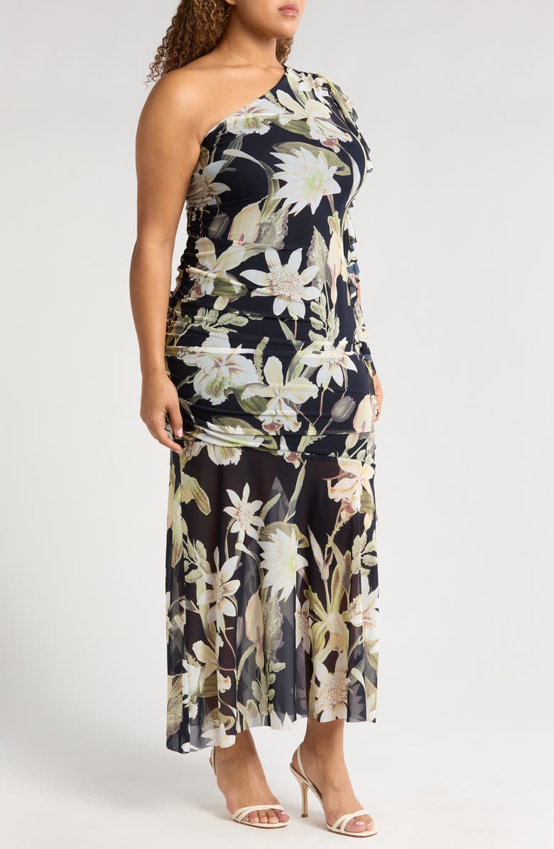 Chelsea28 Drape Ruffle One-Shoulder Maxi Dress, Alternate, color, Navy- Green Island Floral