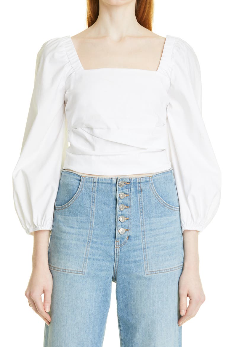 Kayla Puff Sleeve Square Neck Cotton Blend Top, Main, color, WHITE