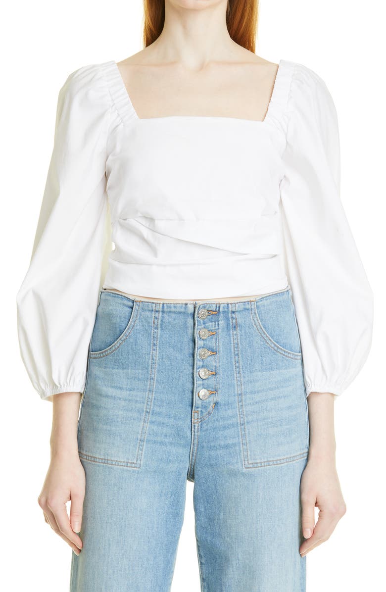 Veronica Beard Kayla Puff Sleeve Square Neck Cotton Blend Top, Main, color,