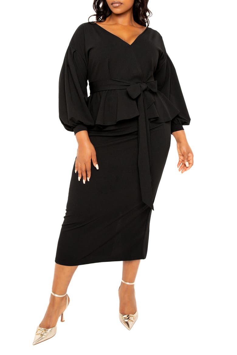 Convertible Shoulder Belted Peplum Midi Dress, Main, color, BLACK