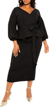 BUXOM COUTURE Convertible Shoulder Belted Peplum Midi Dress