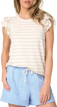 GIBSONLOOK Butterfly Stripe Ruffle Cap Sleeve Top
