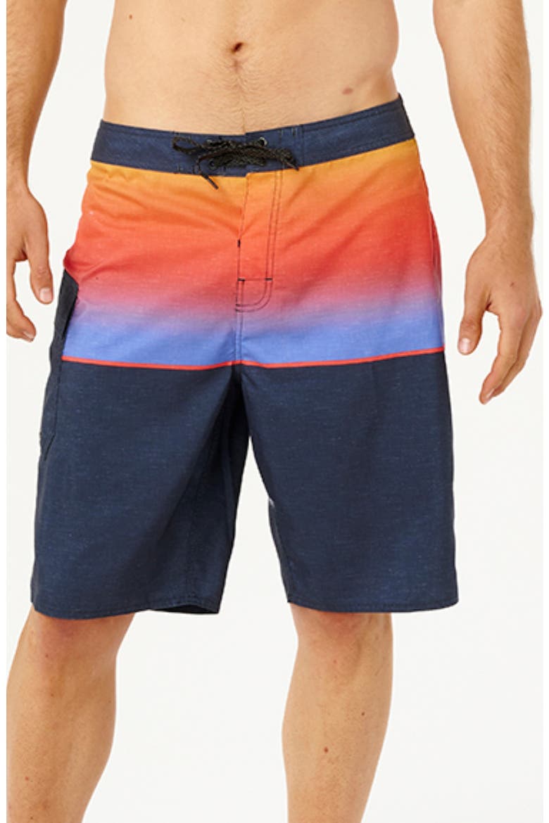 Dawn Patrol Colorblock Print Swim Trunks, Main, color, HOT CORAL