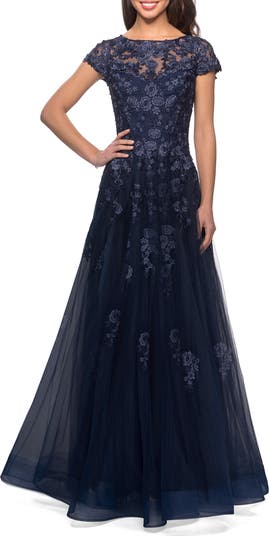 Long Tulle Gown with Intricate Lace Detailing