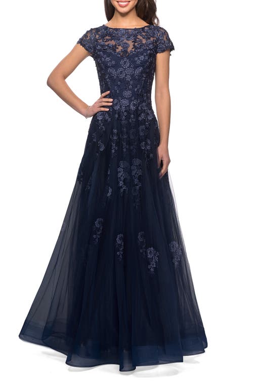 La Femme Long Tulle Gown With Intricate Lace Detailing In Navy