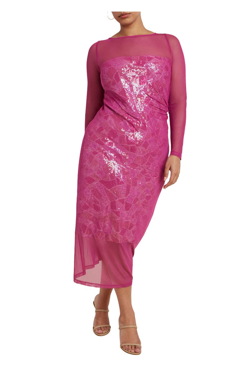 ELOQUII Sequin Dress With Sheer Layer, Main, color, Raspberry Melange