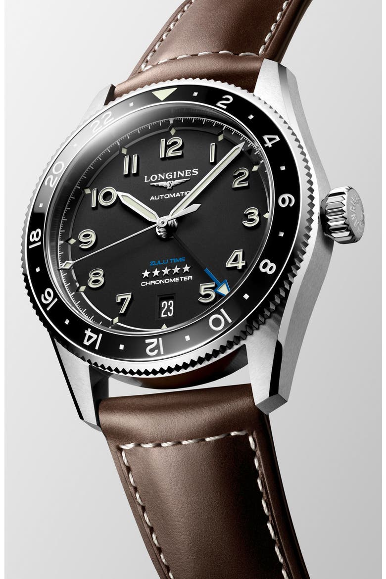 Spirit Zulu Time GMT Automatic Leather Strap Watch, 39mm, Alternate, color, BLACK