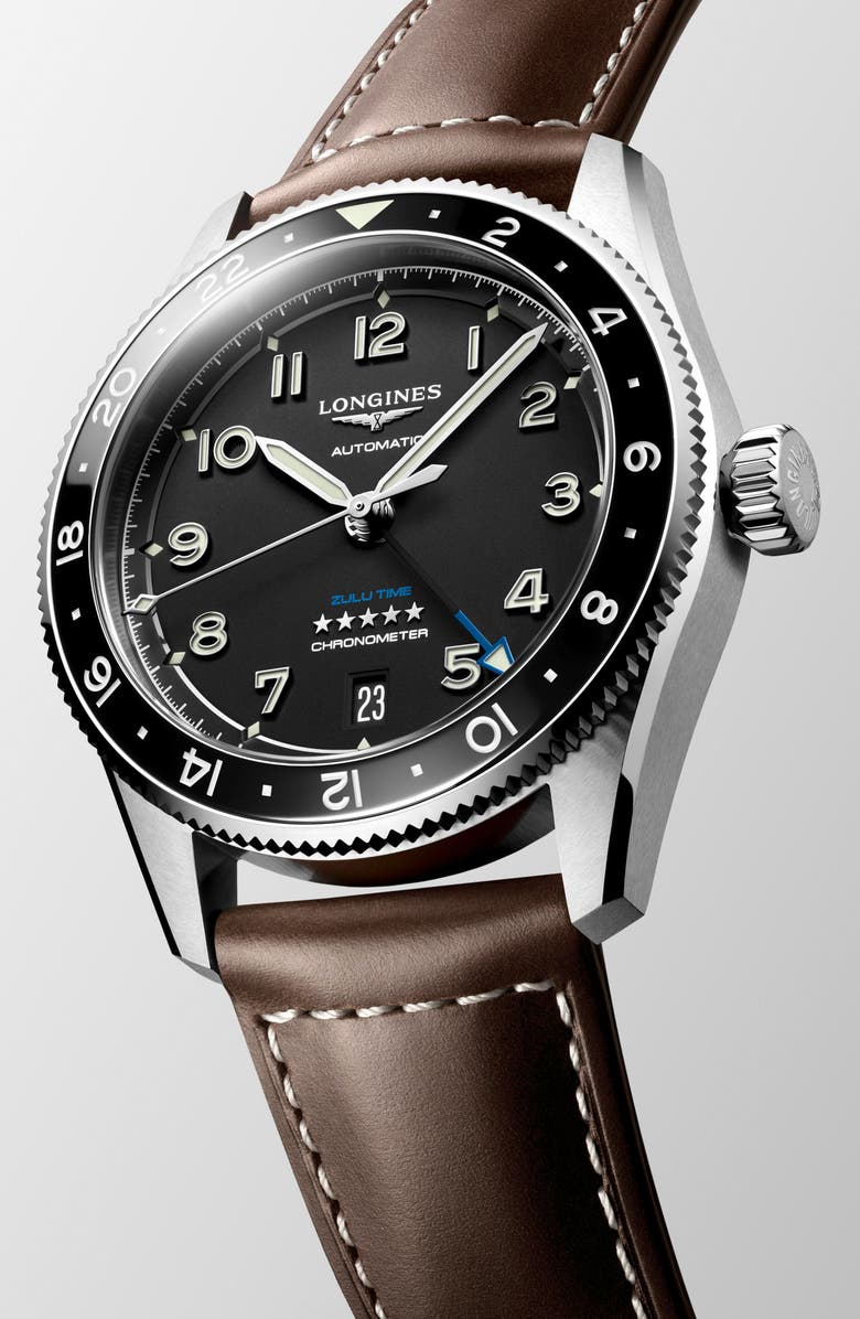 Longines Spirit Zulu Time GMT Automatic Leather Strap Watch, 39mm, Alternate, color, Black