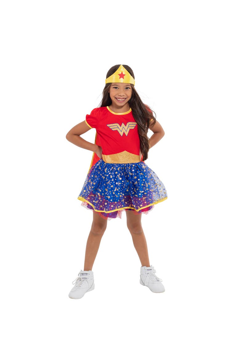 Justice League Wonder Woman Costume Dress Cape and Headband Set, Alternate, color, Wonder Woman Red