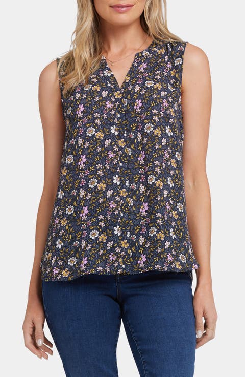 Print Pleat Back Sleeveless Split Neck Blouse (Regular & Petite) (Nordstrom Exclusive)